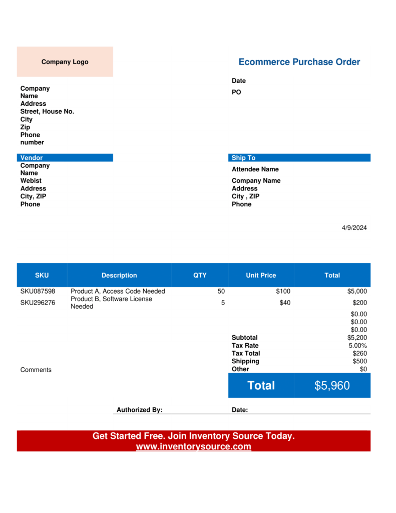 Ecommerce Purchase Order